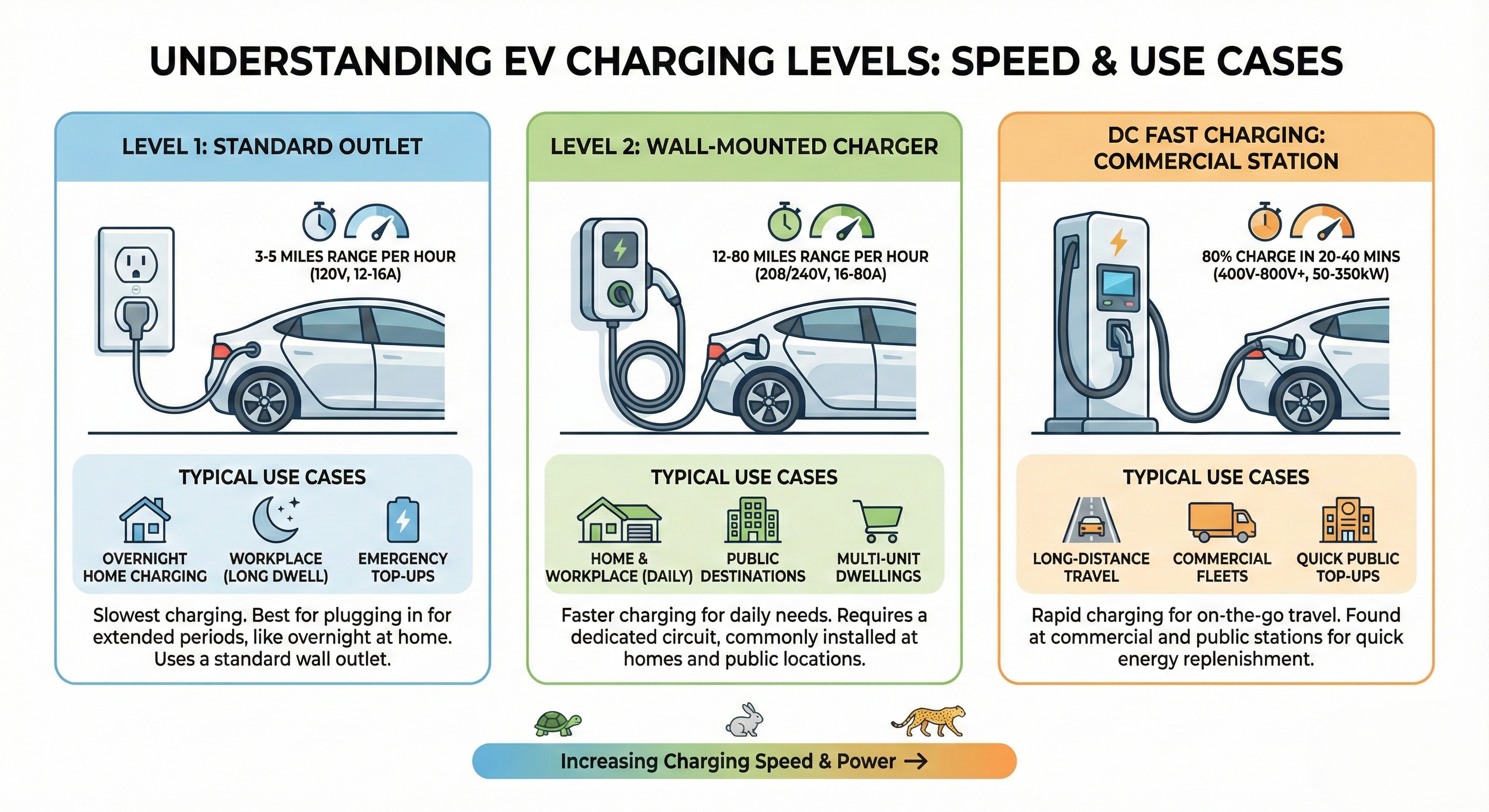 An infographic showing the three levels of EV charging side by side: Level 1 (standard outlet), Level 2 (wall-mounted charger), and DC Fast Charging (commercial charging station). Include charging speeds and typical use cases for each. Clean, educational design with icons and simple illustrations.