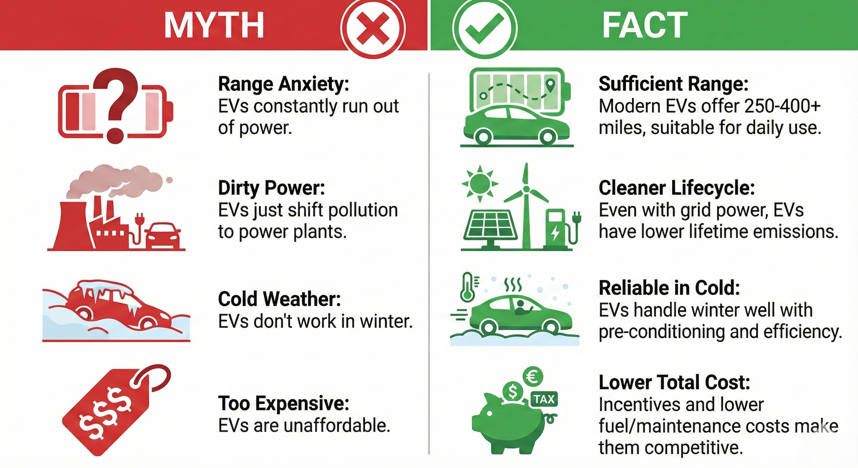 A split image showing "MYTH" on one side with a red X and "FACT" on the other side with a green checkmark. Include icons representing common myths: a battery with a question mark, a coal power plant, a car in snow, and a price tag. Modern, clean infographic style.